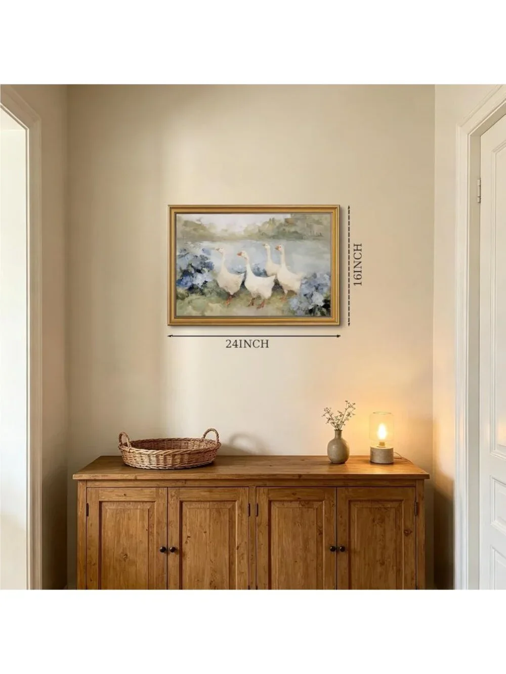 Charming Vintage Gold Framed Wall Art - Country Geese & Blue Hydrangeas Decor